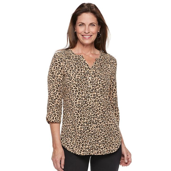 Women's Croft & Barrow&reg; Smocked Printed Top, Size: Medium, Brown