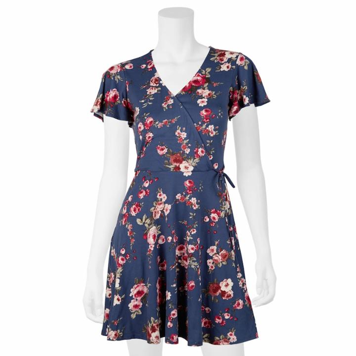 Juniors' Iz Byer Faux-wrap Short Sleeve Dress, Teens, Size: Medium, Denim Floral