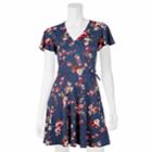 Juniors' Iz Byer Faux-wrap Short Sleeve Dress, Teens, Size: Medium, Denim Floral