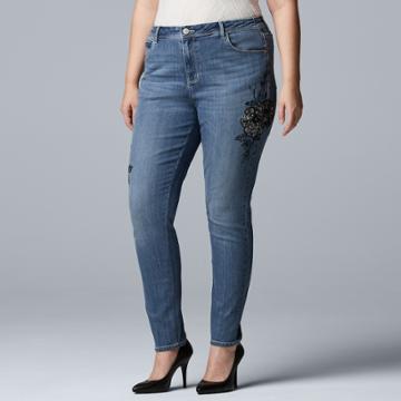 Plus Size Simpy Vera Vera Wang Embroidery Midrise Skinny Jeans, Women's, Size: 18 W, Dark Blue