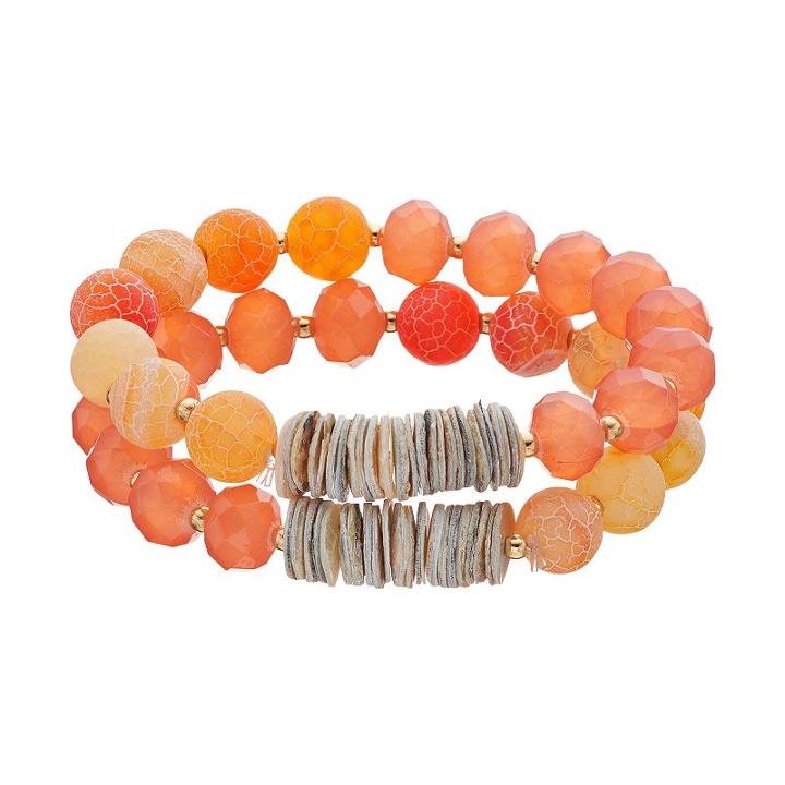 Peach Bead & Composite Shell Disc Stretch Bracelet Set, Women's, Pink Other