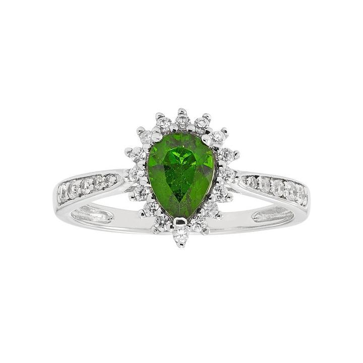 Sterling Silver Chrome Diopside & White Zircon Pear Halo Ring, Women's, Size: 7, Green