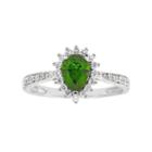 Sterling Silver Chrome Diopside & White Zircon Pear Halo Ring, Women's, Size: 7, Green