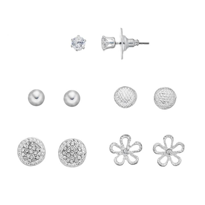 Apt. 9&reg; Cubic Zirconia Flower, Disc & Ball Stud Earring Set, Women's, Silver