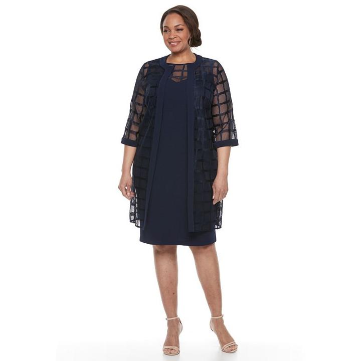 Plus Size Le Bos Sheath Evening Dress & Georgette Jacket Set, Women's, Size: 18 W, Blue (navy)