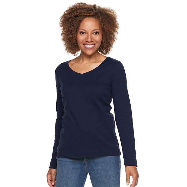 Petite Croft & Barrow&reg; Essential V-neck Top, Women's, Size: Xl Petite, Dark Blue