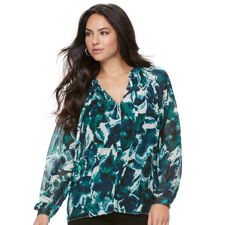 Women's Jennifer Lopez Printed Peasant Top, Size: Medium, Dark Green