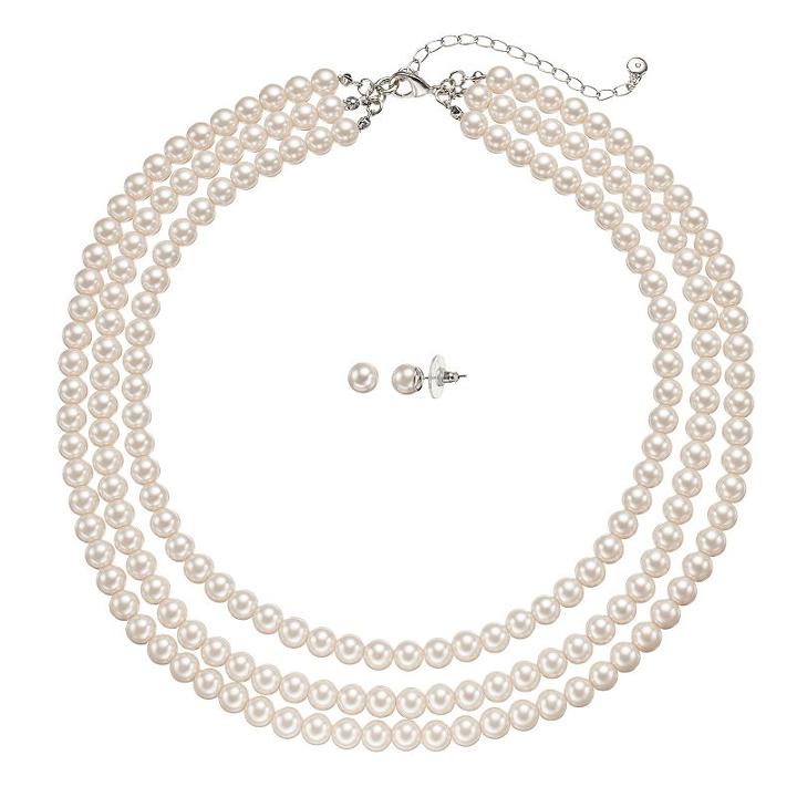 Simulated Pearl Multi Strand Necklace & Stud Earring Set, Women's, Multicolor