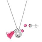 Silver Plated Love Tassel Charm Pendant & Crystal Stud Earring Set, Women's, Size: 18, Pink