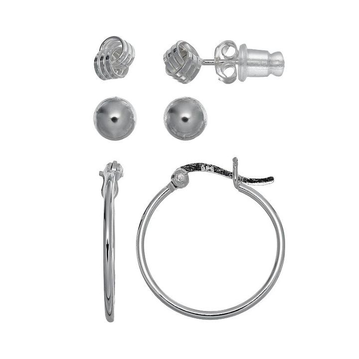 Pure 925 Sterling Silver Love Knot, Ball Stud & Hoop Earring Set, Women's, Grey