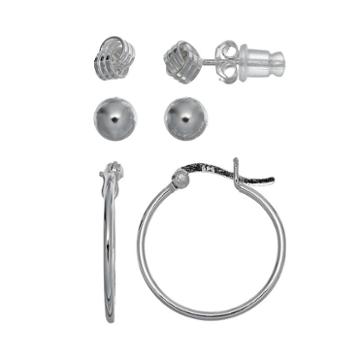 Pure 925 Sterling Silver Love Knot, Ball Stud & Hoop Earring Set, Women's, Grey