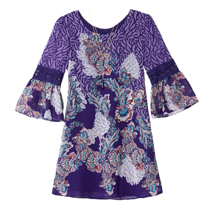 Girls 7-16 Iz Amy Byer Chiffon Printed Bell Sleeve Dress, Size: 8, Purple