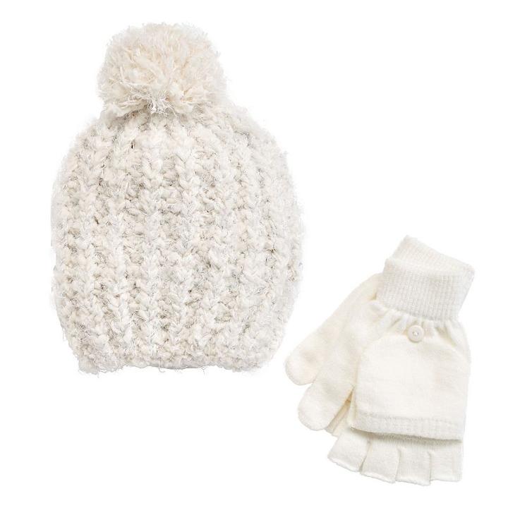 Girls 4-14 So&reg; Marled Sparkle Pom-pom Hat & Flip-top Fingerless Gloves Set, Girl's, Size: M-l, White Oth