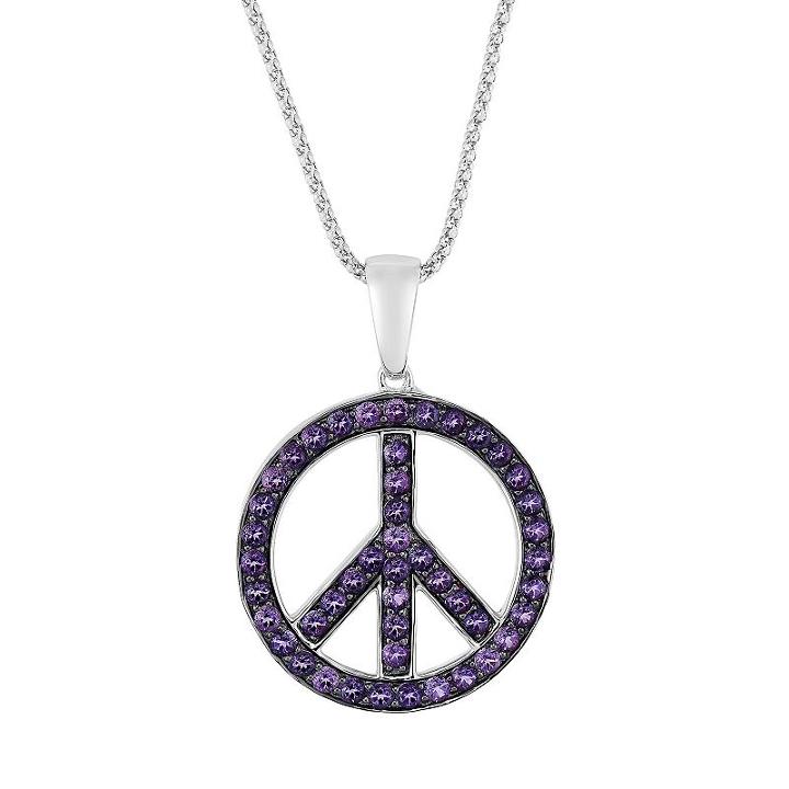 Oro Leoni Sterling Silver Amethyst Peace Sign Pendant - Made With Genuine Swarovski Gemstones, Women's, Size: 18, Purple