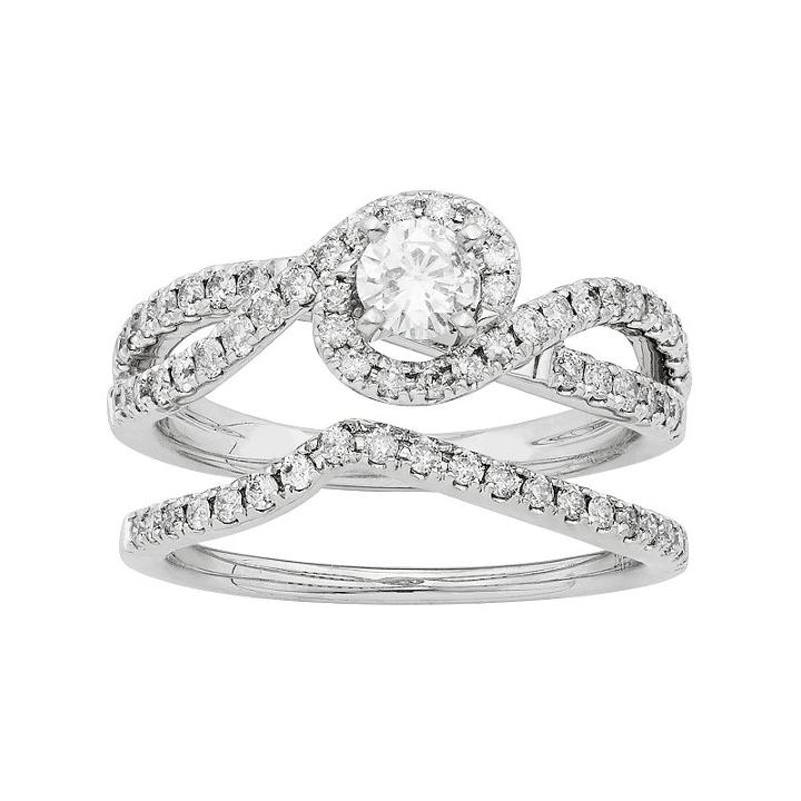 14k White Gold Igl Certified 1 Carat T.w. Diamond Swirl Halo Engagement Ring Set, Women's, Size: 5