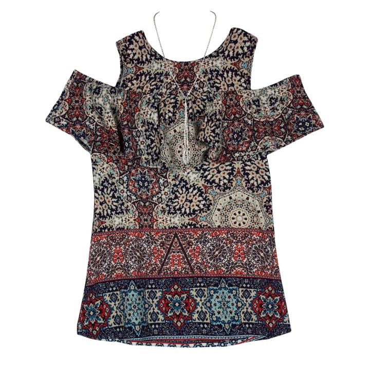 Girls 7-16 Iz Amy Byer Cold Shoulder Brushed Knit Print Top With Necklace, Size: Small, Maroon Pattern