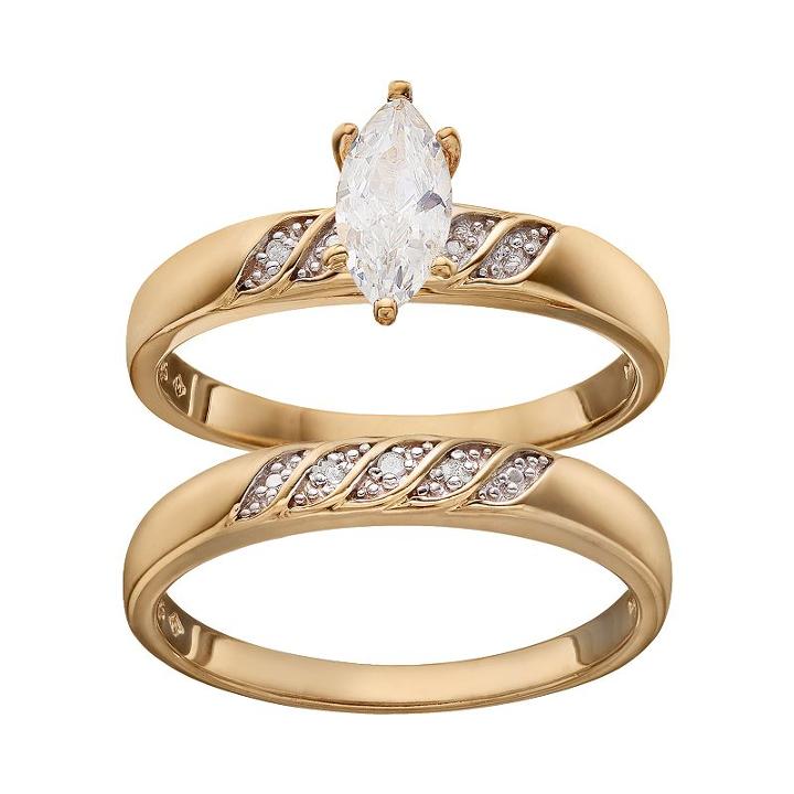 Cubic Zirconia & Diamond Accent Engagement Ring Set In 18k Gold Over Silver, Women's, Size: 9, White