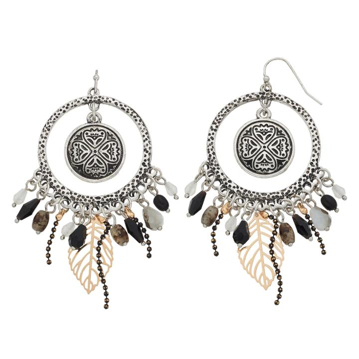 Two Tone Shaky Bead & Leaf Charm Nickel Free Orbital Drop Earrings, Women's, Multicolor