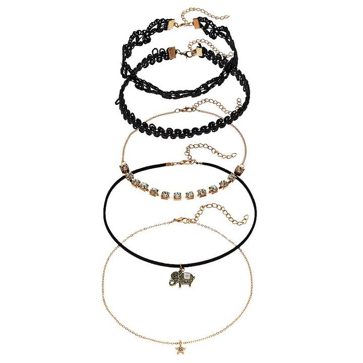 Black Lace, Elephant, Star & Simulated Crystal Choker Necklace Set, Women's