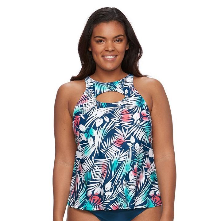 Plus Size Pink Envelope Bust Enhancer Palm Leaf Tankini Top, Women's, Size: 1xl, Blue (navy)