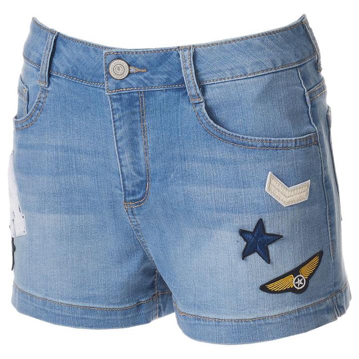 Juniors' So&reg; High-waisted Patch Jean Shortie Shorts, Girl's, Size: 3, Blue Other