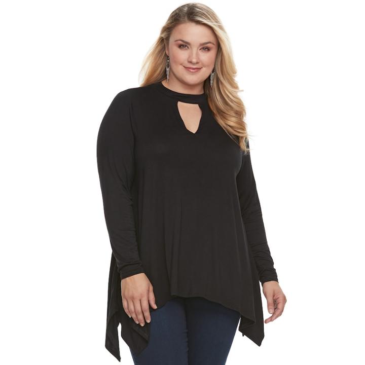 Plus Size Jennifer Lopez Handkerchief Hem Choker Top, Women's, Size: 2xl, Black