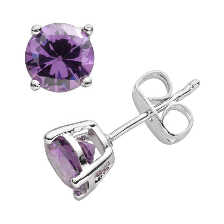 Silver Plated Cubic Zirconia Stud Earrings, Women's, Purple