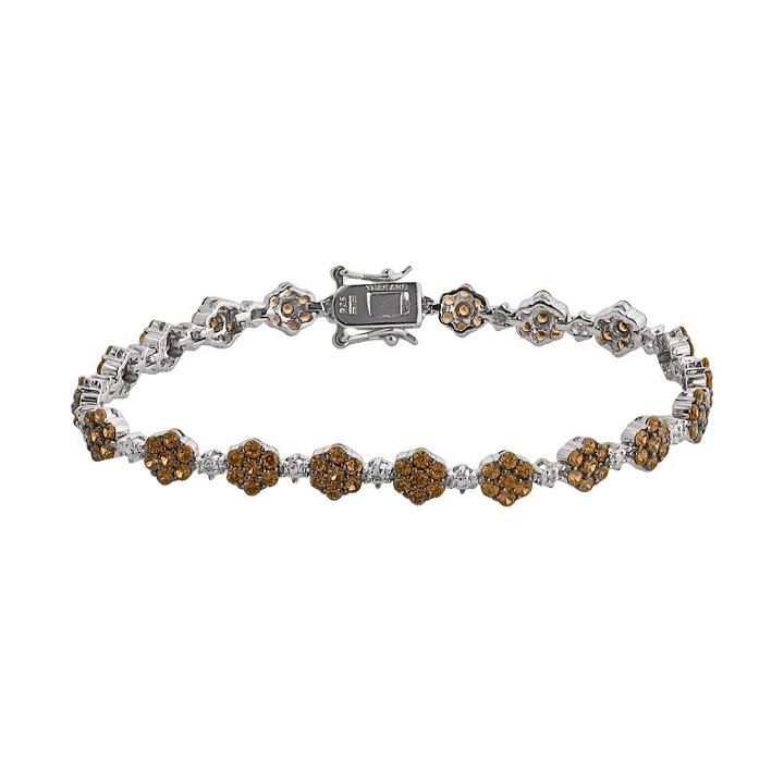 Sterling Silver Brown And White Crystal Flower Link Bracelet, Women's, Size: 7.5