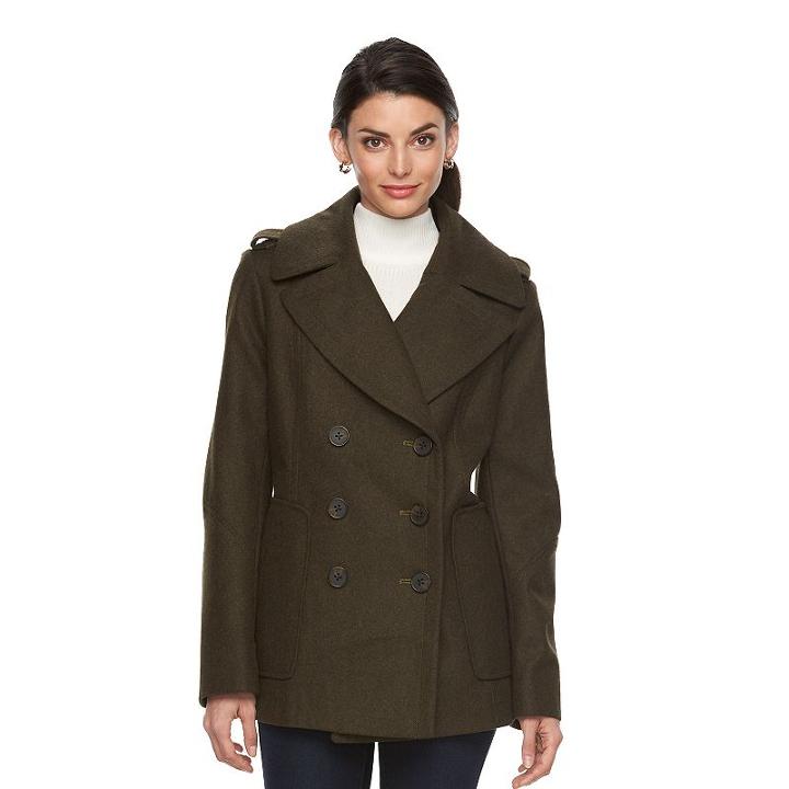 Women's Croft & Barrow&reg; Double-breasted Wool Blend Peacoat, Size: Small, Med Green