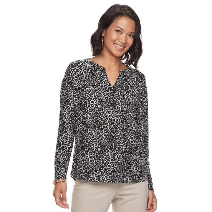 Women's Dana Buchman Printed Splitneck Top, Size: Medium, Silver
