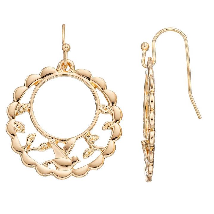 Lc Lauren Conrad Bird Scalloped Drop Hoop Earrings, Women's, Gold
