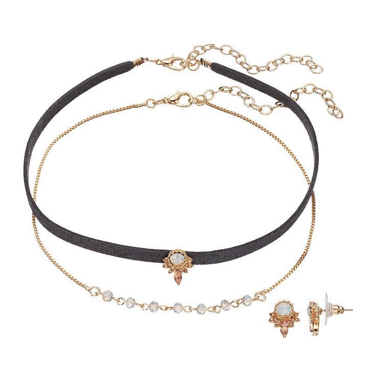 Lc Lauren Conrad Ornate Simulated Crystal Choker Necklace & Stud Earring Set, Women's, Black