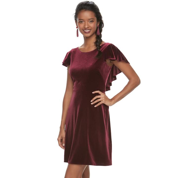 Women's Suite 7 Velvet Flutter Sleeve Dress, Size: 6, Red Other