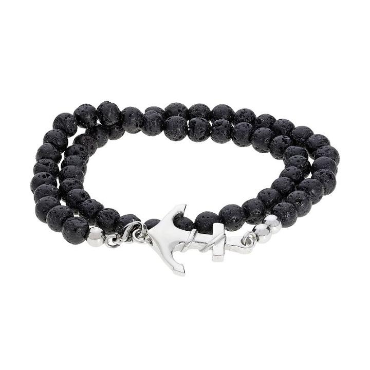 Lynx Men's Stainless Steel Black Lava Bead Anchor Wrap Bracelet, Size: 16