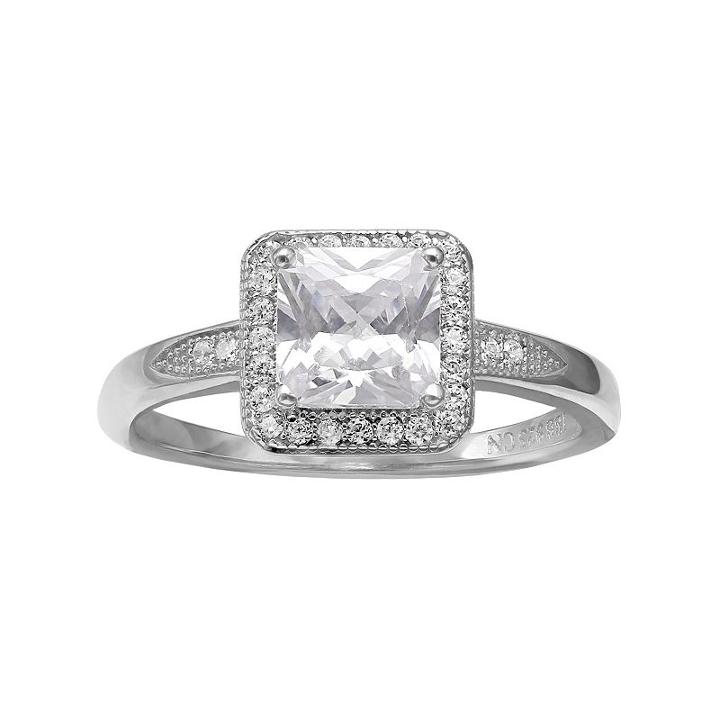 Primrose Cubic Zirconia Sterling Silver Square Halo Ring, Women's, Size: 9, Grey