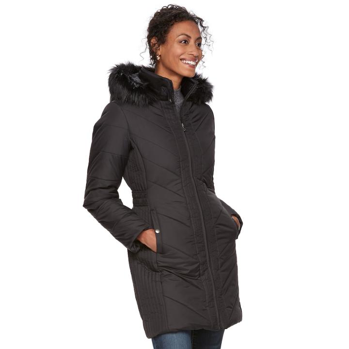 Women's Chaps Long Hooded Faux-fur Trim Puffer Jacket, Size: Medium, Black