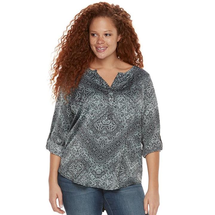 Plus Size Rock & Republic&reg; Roll-tab Mixed-media Shirt, Women's, Size: 0x, Med Grey