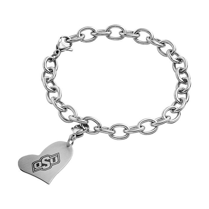 Fiora Stainless Steel Oklahoma State Cowboys Heart Charm Bracelet, Women's, Size: 8, Grey