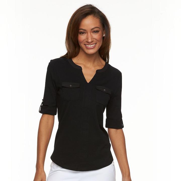 Women's Croft & Barrow&reg; Pocket Roll-tab Tee, Size: Medium, Black