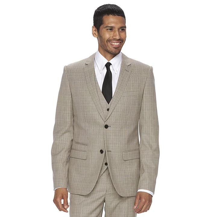 Men's Wd. Ny Slim-fit Tan Plaid Suit Jacket, Size: Large, Beig/green (beig/khaki)