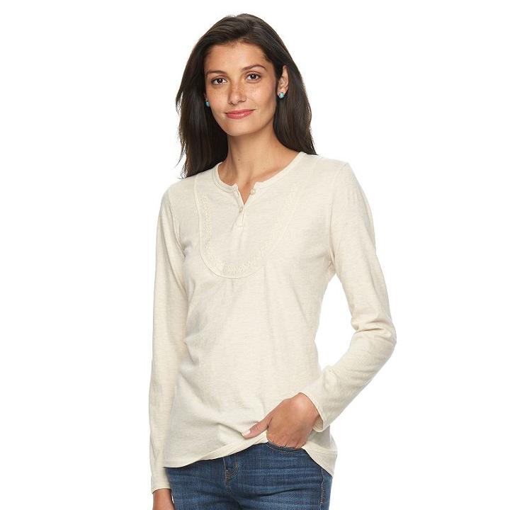 Women's Woolrich Tall Pine Embroidered Henley, Size: Small, Lt Beige
