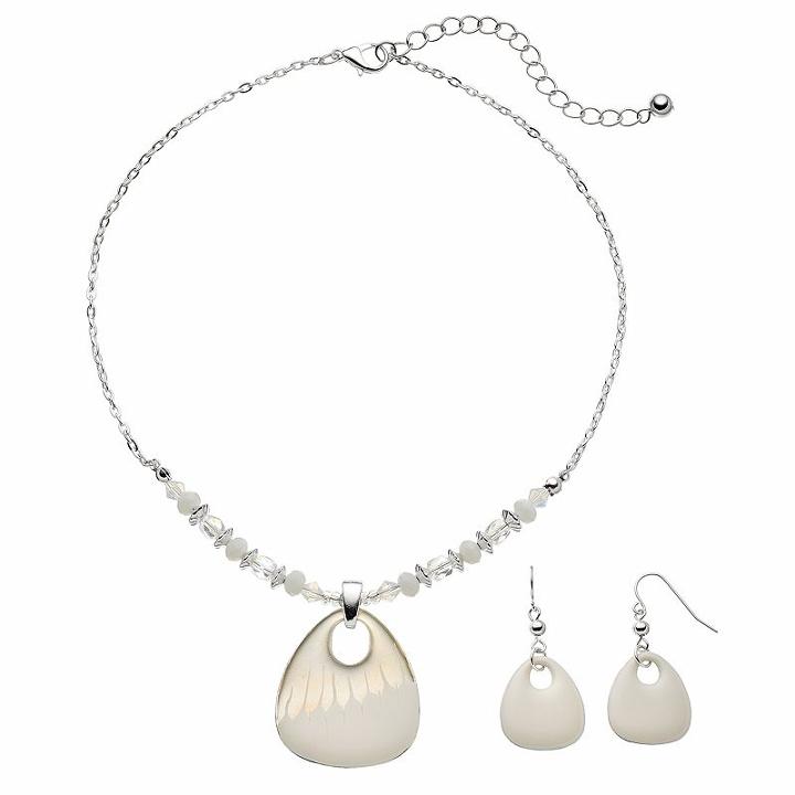 White Triangular Pendant Necklace & Drop Earring Set, Women's