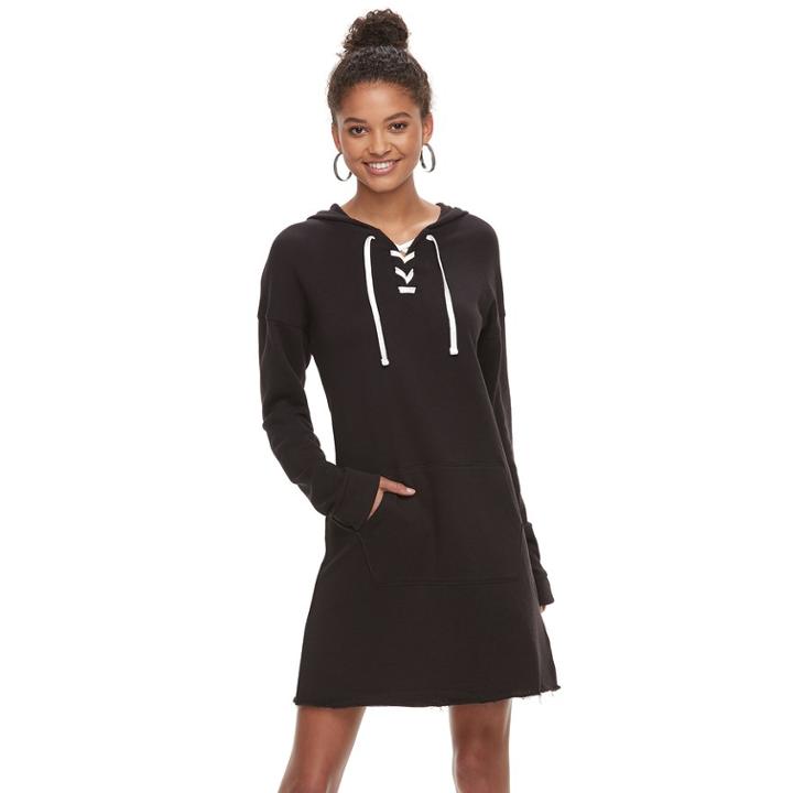 Juniors' So&reg; Lace-up Hooded Popover Dress, Teens, Size: Large, Black