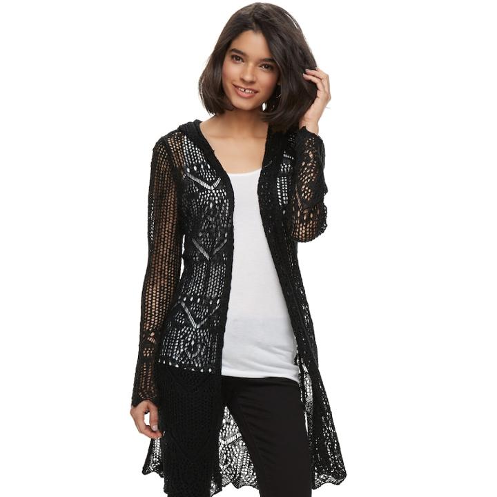 Juniors' It's Our Time Pointelle Hooded Cardigan, Teens, Size: Xs, Black