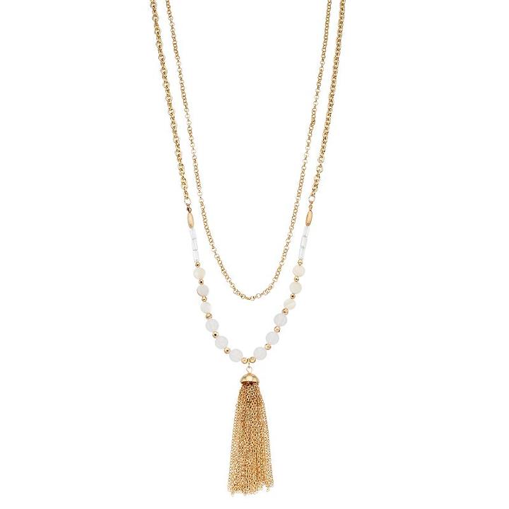 Long Beaded Double Strand Tassel Pendant Necklace, Women's, White