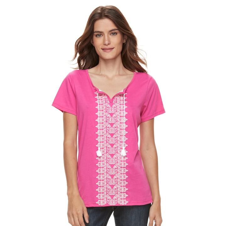 Women's Caribbean Joe Embroidered Top, Size: Medium, Dark Pink