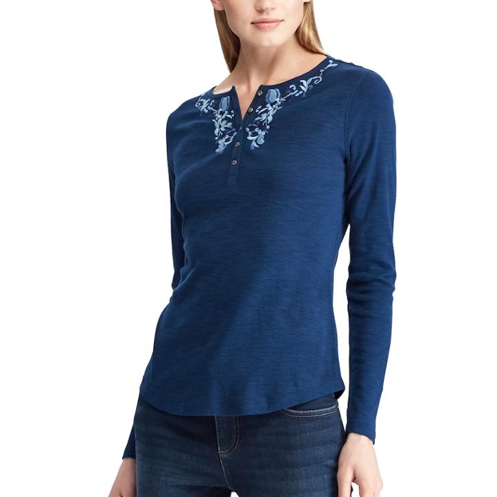 Women's Chaps Floral Embroidered Henley, Size: Xl, Blue