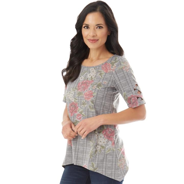 Women's Apt. 9&reg; Lattice Sleeve Tee, Size: Medium, Menswear Floral