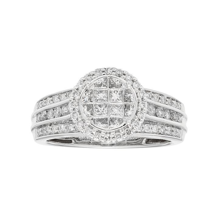 10k White Gold 1 Carat T.w. Diamond Halo Engagement Ring, Women's, Size: 6