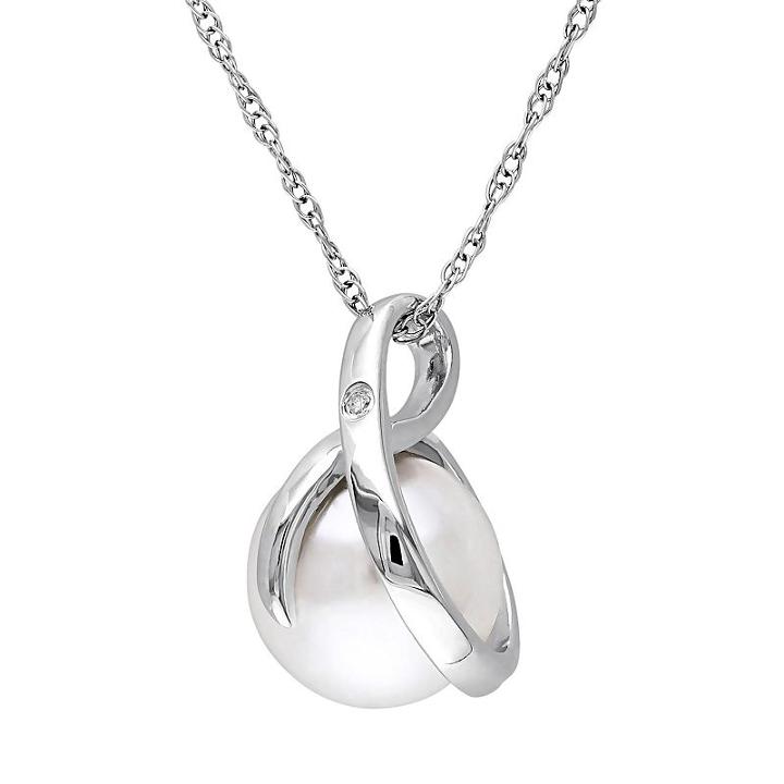 10k White Gold Diamond Accent & Freshwater Cultured Pearl Pendant, Women's, Size: 17